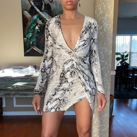 Windsor Snakeskin V-Neck Long Sleeve Faux Wrap Min Dress - Picture 4 of 7